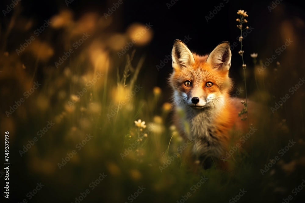 Naklejka premium Fox prowling in a meadow with a soft focus on nocturnal flowers