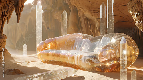 A futuristic couch is in a desert cave with rocks and boulders.  The sun is shining through a gap in the rocks. photo