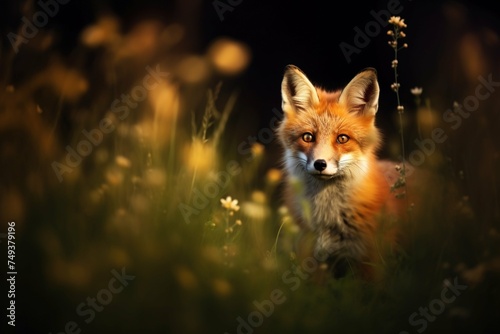 Fox prowling in a meadow with a soft focus on nocturnal flowers © Dan