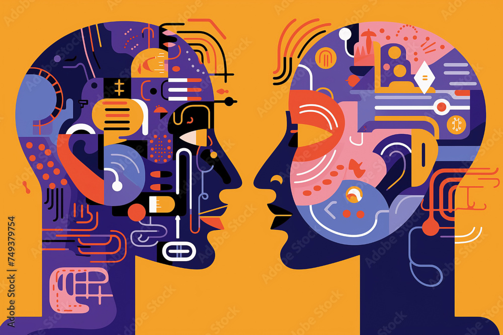 Obraz premium Two faces in profile in orange and purple colors. Concept of creativity, mind and technology exploring the balance and contrast between two people. Human mind in evolution, journey through creativity.
