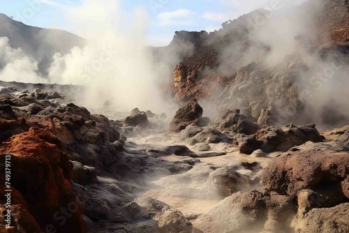 Fresh volcanic rock formations with steam vents in the background