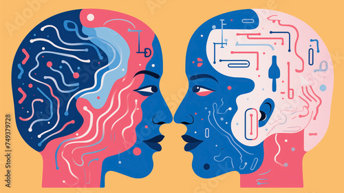 Two faces in profile in pink and blue colors. Concept of creativity, mind and technology exploring the balance and contrast between two people. Internal connections, technology and humanity united.