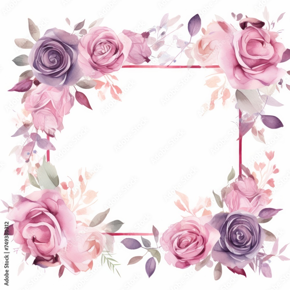 A border of watercolor roses in various shades of pink and violet