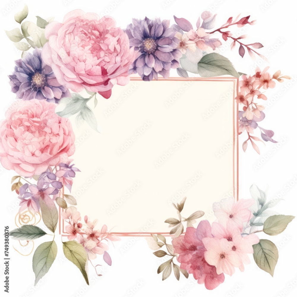 A watercolor frame featuring soft roses, hydrangeas, and dahlias in vintage hues