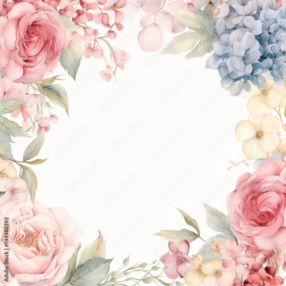 A watercolor frame featuring soft roses, hydrangeas, and dahlias in vintage hues