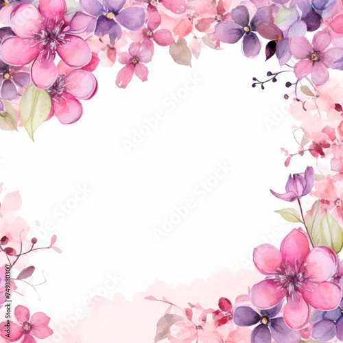 Watercolor blooms in shades of pink and purple, including cherry blossoms