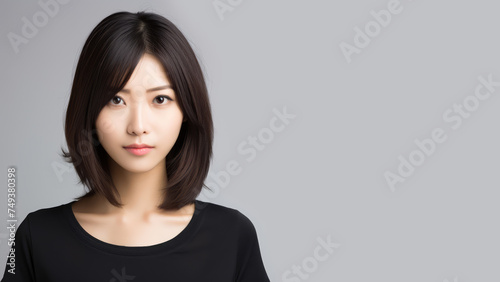 Portrait of a beautiful Asian woman with blunt haircut on a gray background. Copy space for text, advertising. Concept of beauty, skin care, makeup, cosmetics, anti aging, plastic surgery, hair design