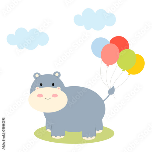 Cute character hippo and balloons. Vector hand drawn illustration with cartoon hippopotamus on a white background. Greeting card for kids with baby animals in a flat style. © Nadiia