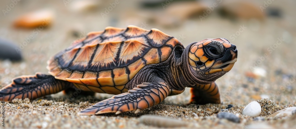 A loggerhead baby sea turtle, newly hatched and crawling, sits on the ...