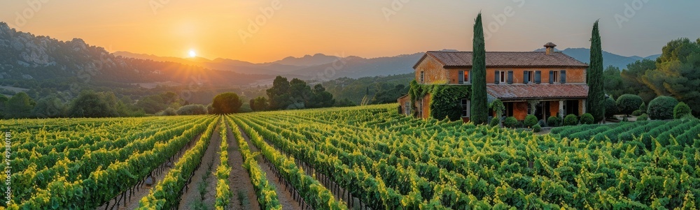 an image for a post about vineyard, french atmosphere, sun ray light, outside, countryside