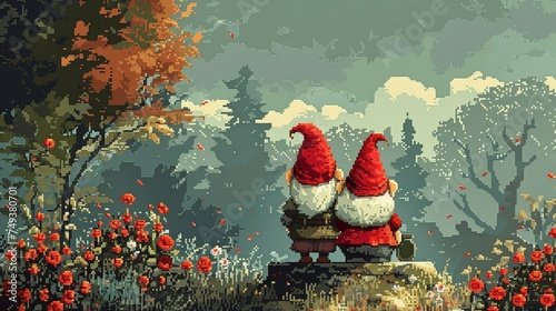 Romantic gnome couple Fall in love with a pixel animation of gnomes in a charming Valentines Day scene