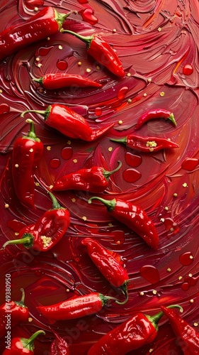 Spicy peppers swirling in a sea of red