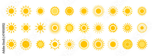 Yellow sun icon and logo set. Vector summer symbols. Sunrise, sunset. Flat simple suns isolated on white background