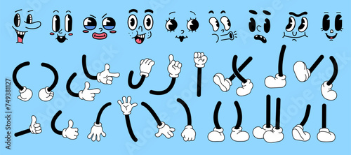 Cartoon hands, legs and faces for retro comic character. Vector 30s-50s cute mascot arms in gloves, shoes and funny emotions. Elements for old animation styles