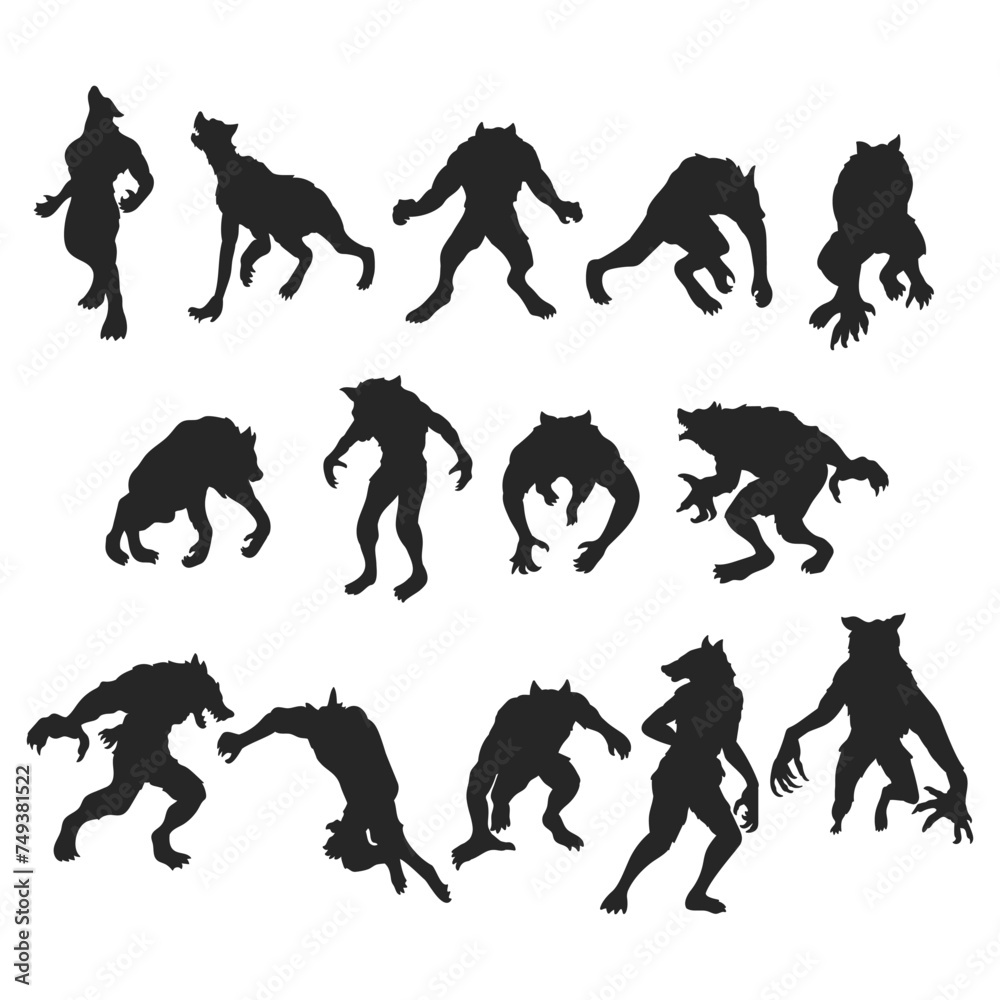Illustration of a howling werewolf silhouette, Vector wolfman, Werewolves