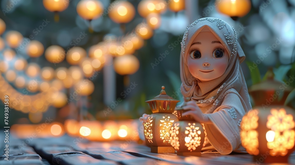 Eid Mubarak, Cartoon Kids Celebrate Eid, A cartoon girl holding a lantern in a street with paper lanterns.
