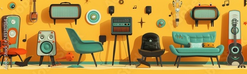 A retro living room with furniture and entertainment items from the 50s and 60s. © jp