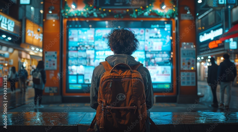 A delighted traveler wanders in City, his cheerful expression contrasting against the city isolation of the night town backdrop - obrazy, fototapety, plakaty 