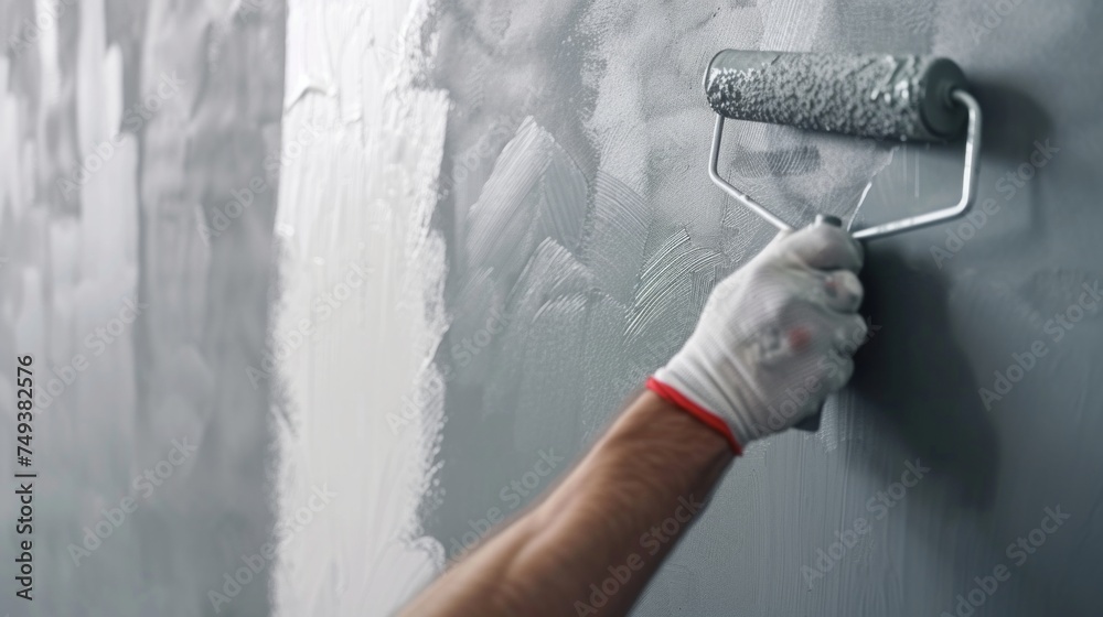 Rear view of painter painting the wall, with paint roller and bucket, isolated on big empty space.