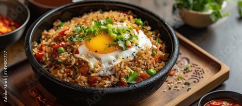 A bowl filled with steaming white rice topped with a sunny-side-up egg. The yolk is runny and adds a rich flavor to the dish.