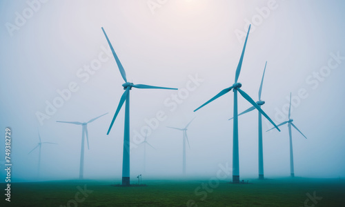 An image of wind turbines in a misty meadow
