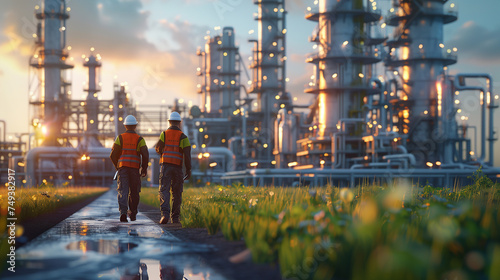 Engineers in uniform walking while inspecting an oil refinery field