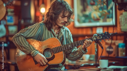 Young Male Musician Strumming Acoustic Guitar in Cozy Ambient Cafe Setting with Vintage Decor and Warm Lighting