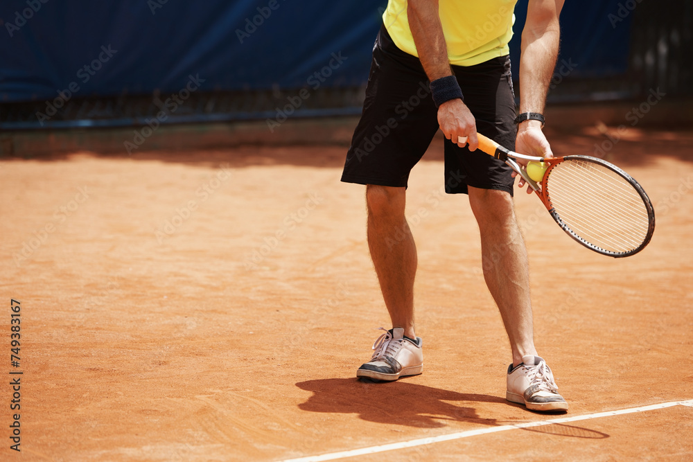 Tennis, sports and male player on court, outdoor turf and exercise for cardio fitness or fun. Racket, ball and athletic man with mockup space, training and practice for performance or competition