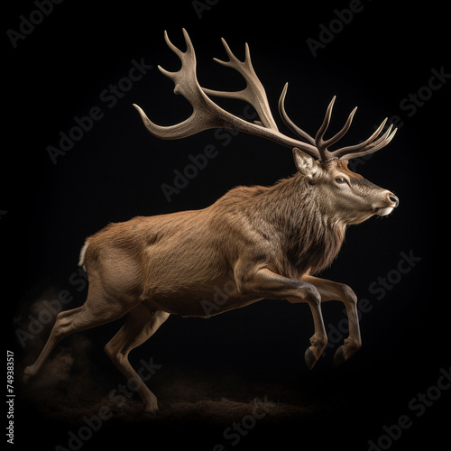 Photograph of a beautiful, perfect, big stag. The surrounding landscape is of a studio with a dark background сreated with Generative Ai
