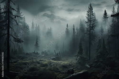a cloudy forest in the fog photo