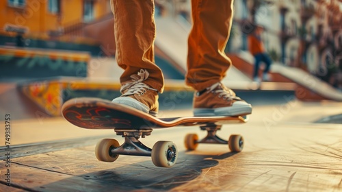 Close-up of Skateboarder's Feet in Mid-motion on Skateboard at Urban Skatepark during Sunset