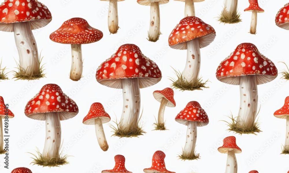 Seamless pattern with fly agaric mushrooms on white background