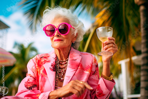 Bright cheerful elderly woman close-up drinking alcoholic cocktail on vacation, portrait
