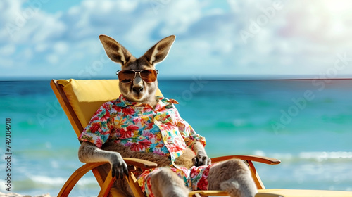 Humanized Cute cartoon kangaroo in Hawaiian shirt on sunbed against ocean and palm trees. Advertisement. Creative animals portrait. Concept of vacation in resort hotel, tourism. AI Generative