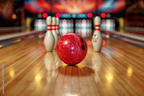 Red bowling ball on the verge of hitting pins at the end of an alley.
