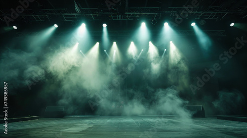 A dark empty stage with spotlights above and smoke rising