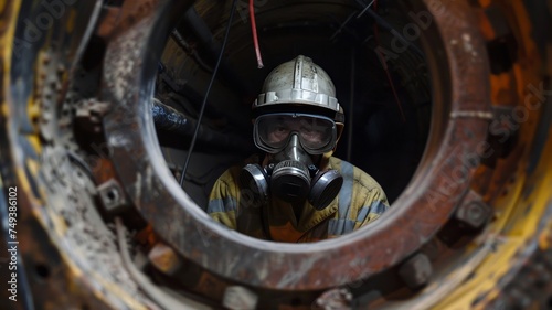 Workers wearing protective equipment stand behind a tunnel during construction work at a subway tunnel.