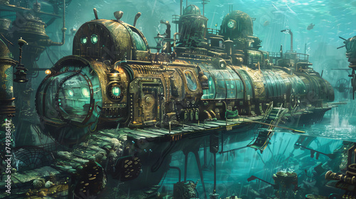 Fantasy steampunk submarine under water