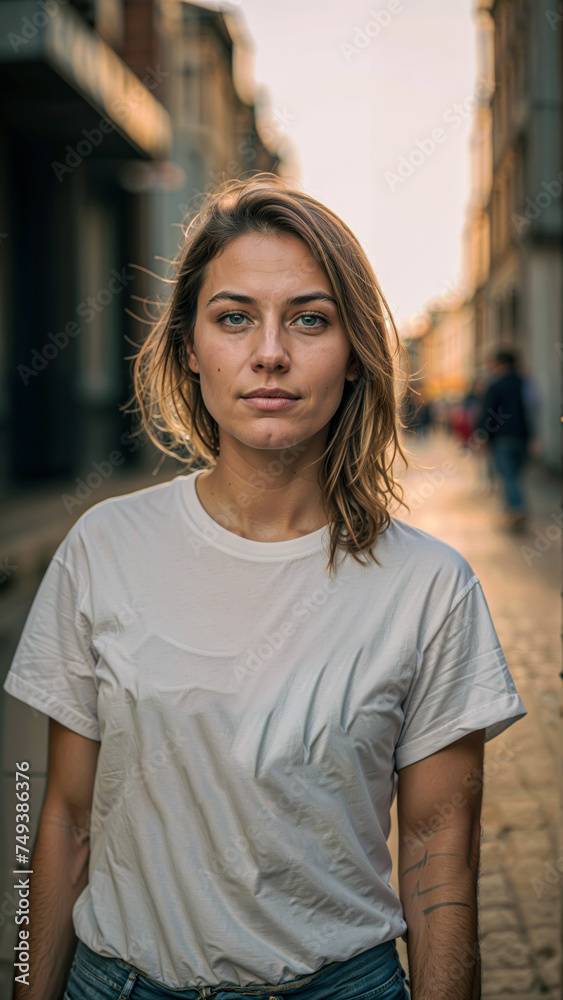 Beautiful young blonde woman in a white Blank T-shirt and black leggings on the street. Mockup design concept