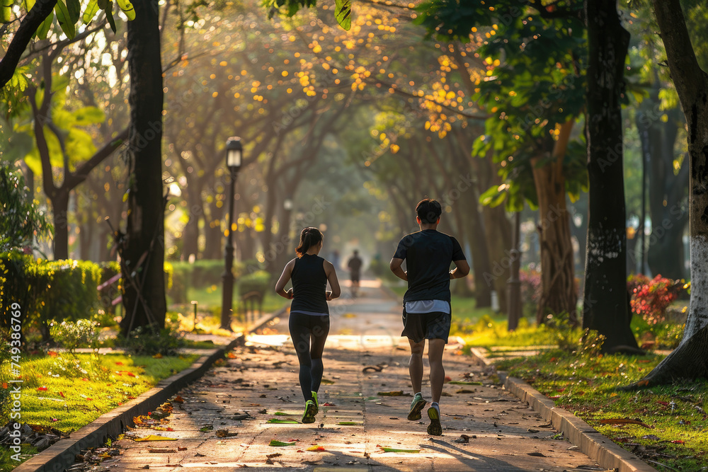 a couple during running workout in the park, healthy fitness people jogging outdoors