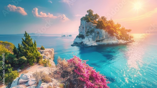 Bright spring view of Cameo Island. Beautiful morning scene on Port Sostis, Zakynthos Island, Greece. photo