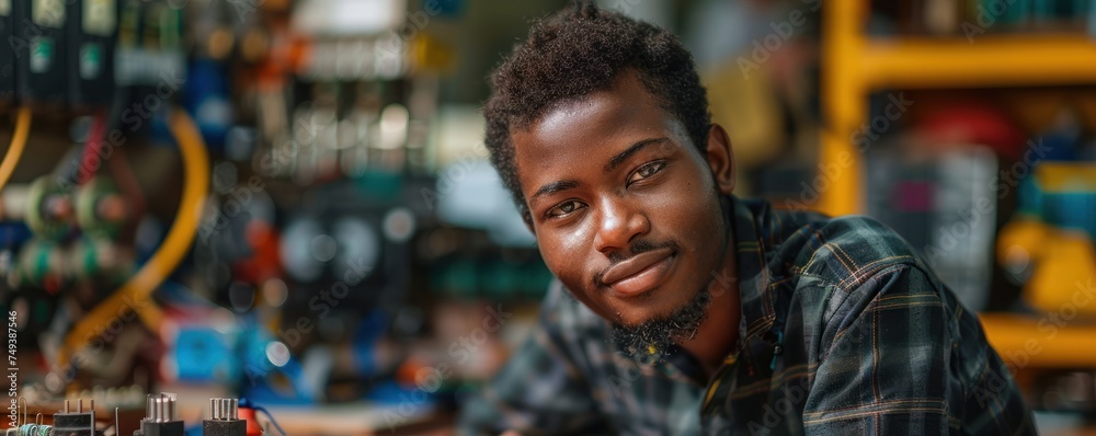 Portrait of a Young Inventor with Their Creation Glimpse into the World of Entrepreneurial Ingenuity, Where a Confident and Happy Businessman Portrait of a Young Inventor with Their Creation Glimpse into the World of Entrepreneurial Ingenuity, Where a Confident and Happy Businessman
