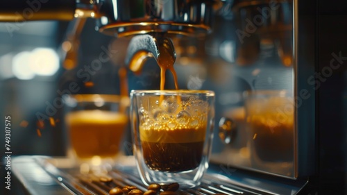 Extracting coffee from a coffee maker with a portafilter into an espresso cup, pouring from a coffee maker.