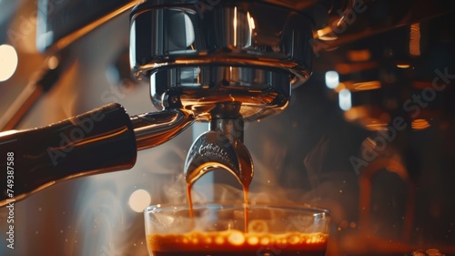 Extracting coffee from a coffee maker with a portafilter into an espresso cup, pouring from a coffee maker.
