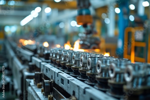 Close-up of an engine cylinders assembly line at modern automotive production facility. High precision robotic assembly line. Automotive & technology markets industry.
