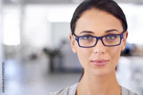 Glasses, office and portrait of business woman with confidence, pride and vision for company. Professional, corporate workplace and person with frame lens for career, job opportunity and working