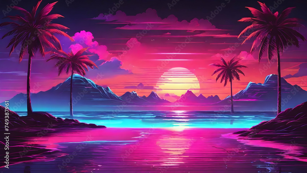 Sunset on the beach. Synthwave retrowave wallpaper style with a cool and vibrant neon. - obrazy, fototapety, plakaty 