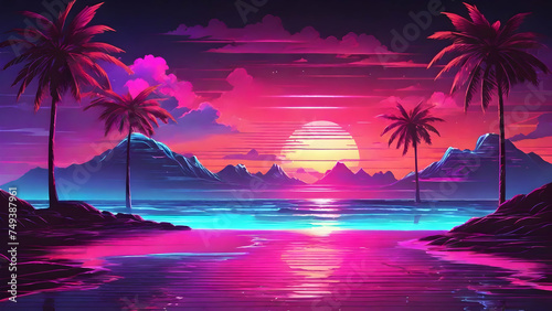 Sunset on the beach. Synthwave retrowave wallpaper style with a cool and vibrant neon.