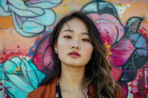 asian woman portrait posing in front of a floral colorful graffiti wall