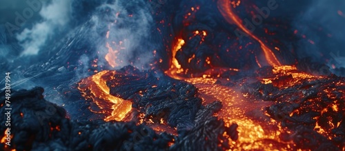 A large amount of lava flowing from a volcanic eruption into the ocean, creating steam and plumes of ash as it meets the water. The intense heat of the lava causes it to sizzle and crackle upon